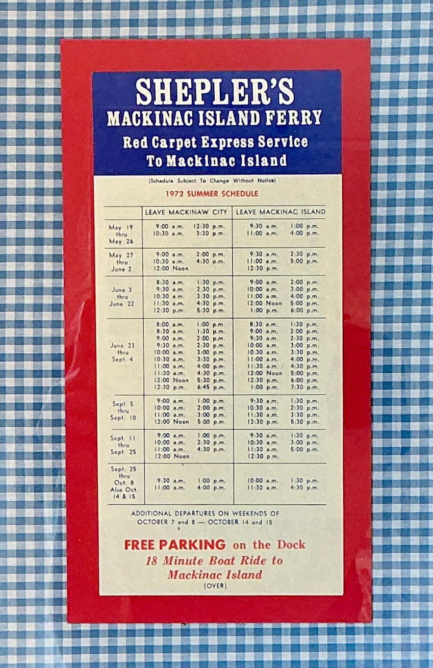 Vintage Mackinac Island Ferry Schedule on Blue Gingham in Gold Frame