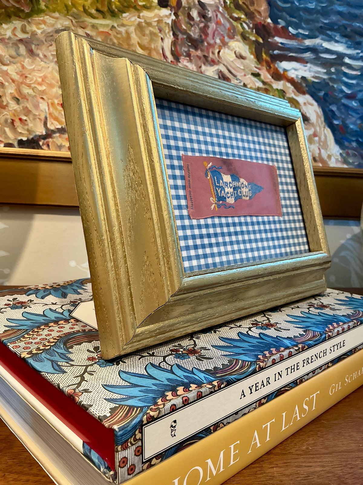 Antique Larchmont Yacht Club Tobacco Silk on Blue Gingham in Gold Frame