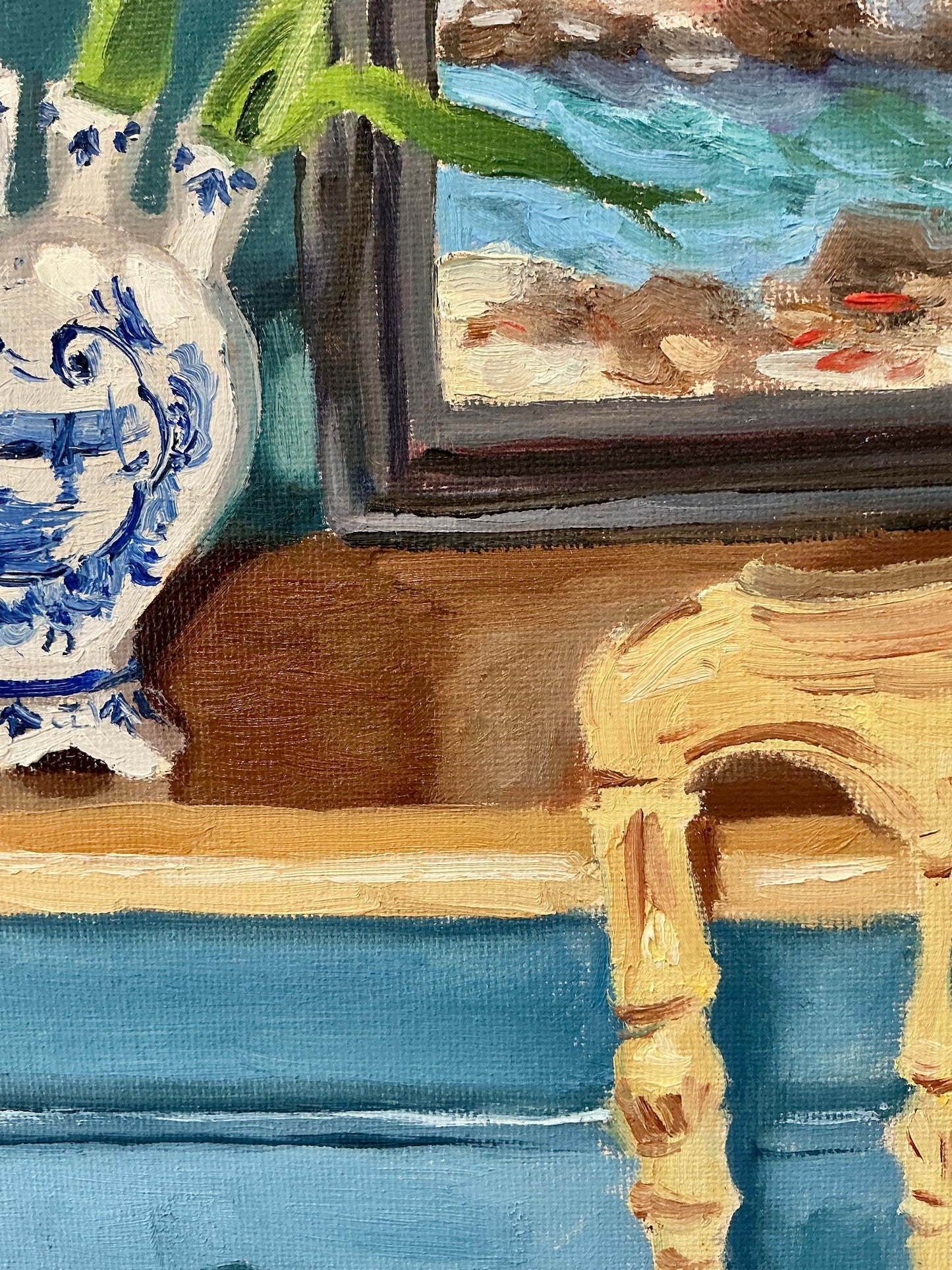 Stephanie Doucet Delft Tulipiere On The Blue Shelves Still Life Oil Painting in Gold Frame