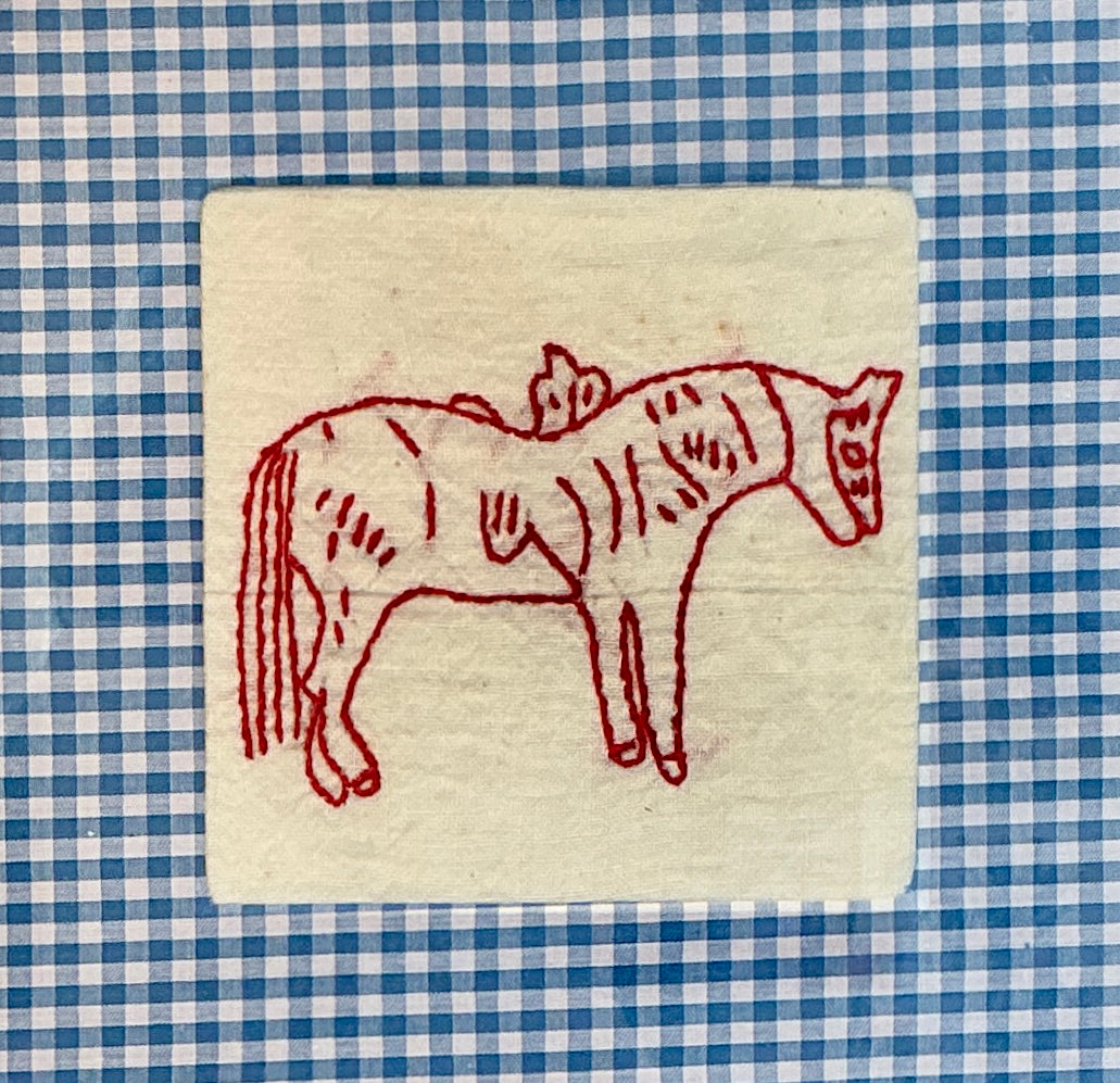 Antique Horse Redwork Embroidery on Blue Gingham in Gold Frame