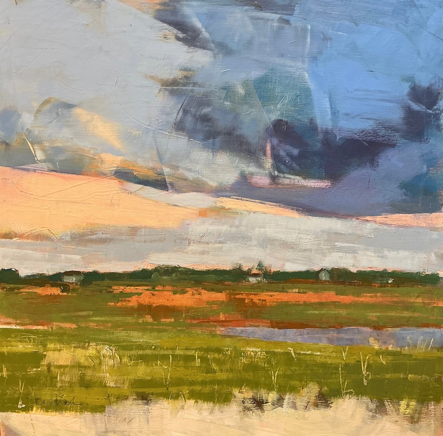 Carol Lesher After Supper Coastal Landscape Oil Painting in Natural Wood Frame