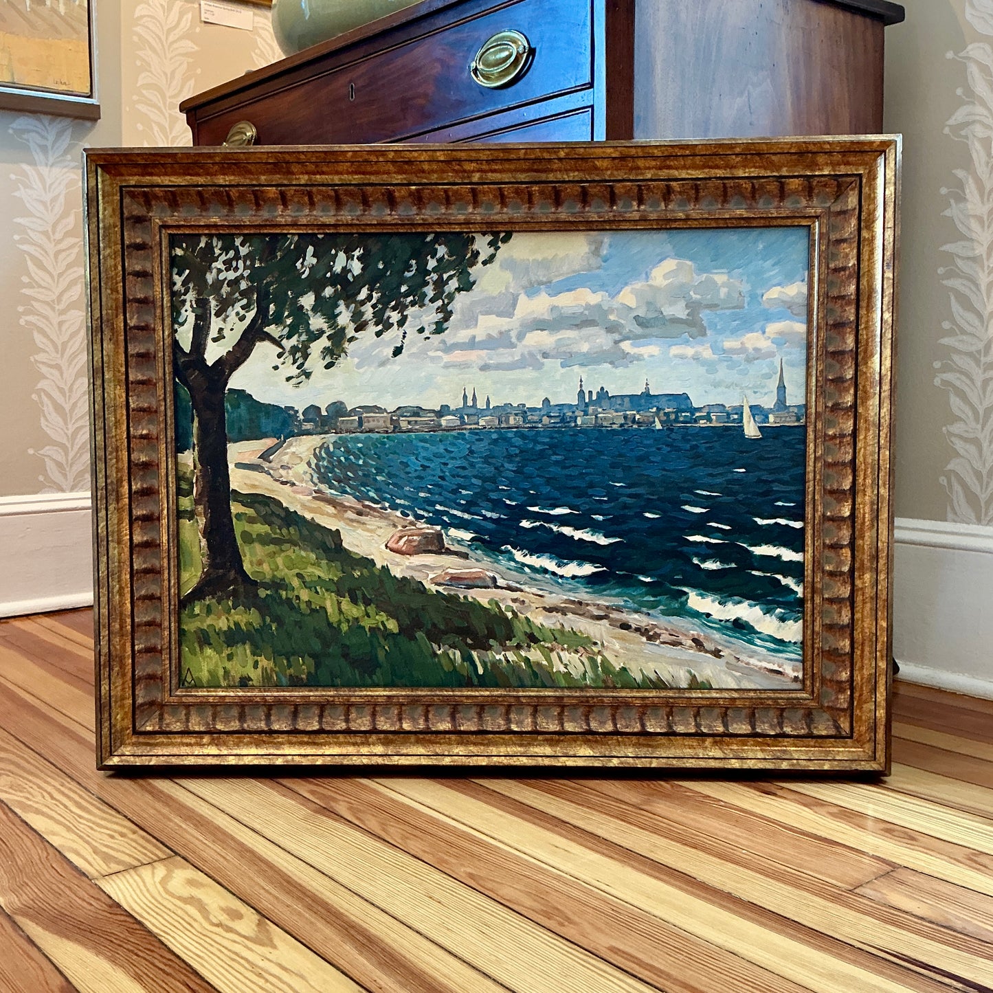 Impressionist Riverside Landscape Oil Painting in Dark Gold Frame