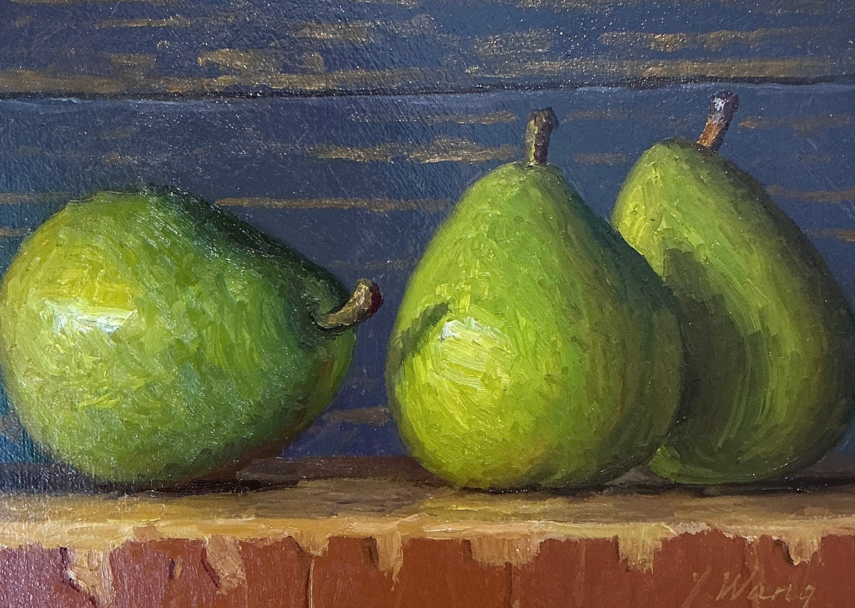 Youqing Wang Pear Trio Still Life Oil Painting in Gold Frame