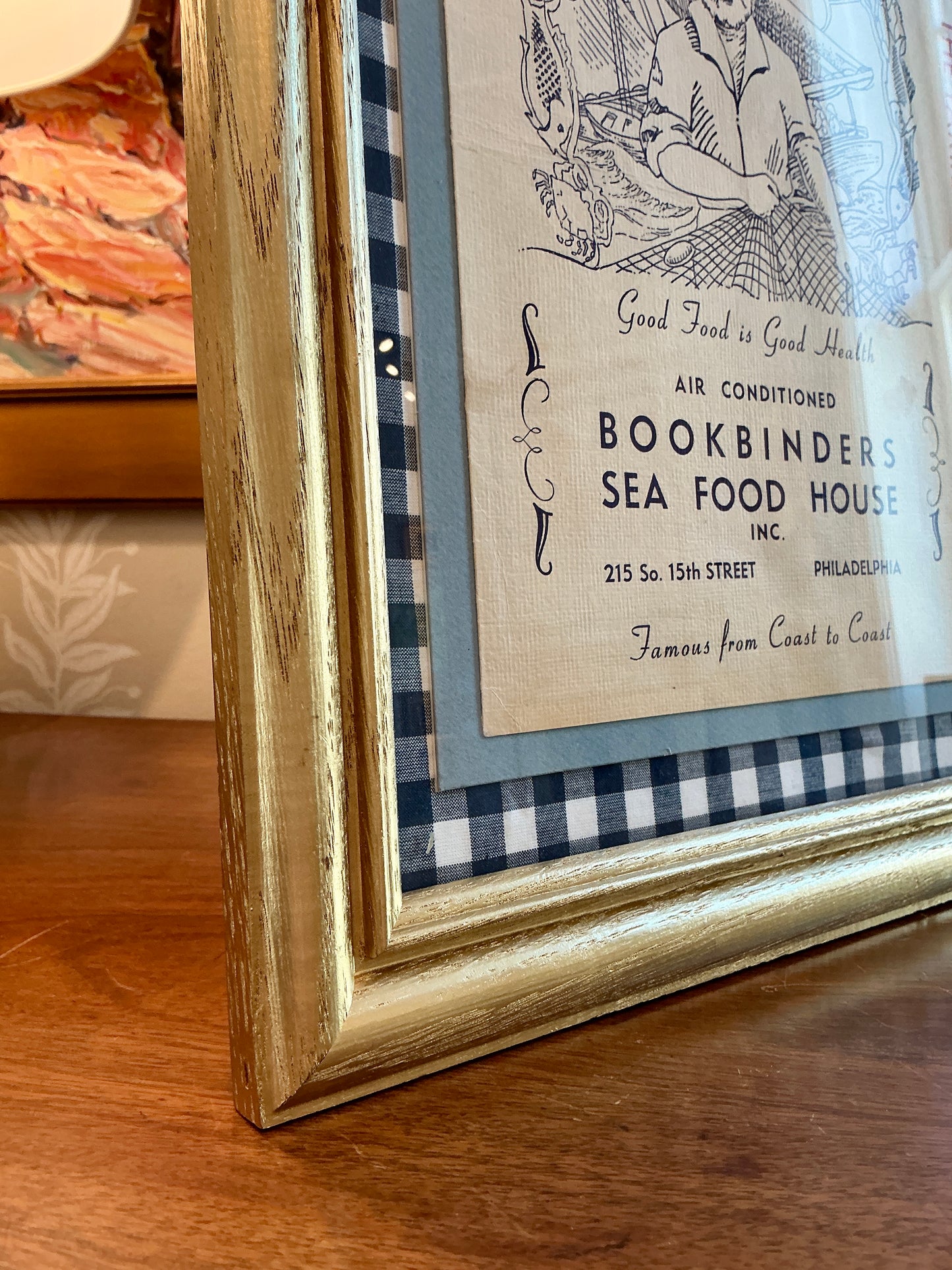 Vintage Philadelphia Bookbinders Menu on Navy Gingham in Gold Frame
