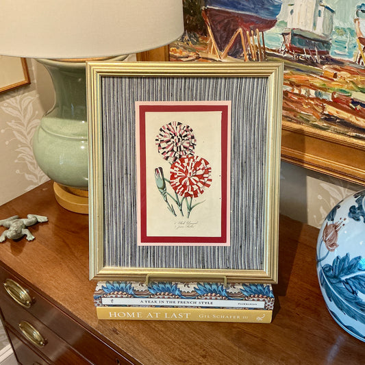 19th Century Hand Colored Carnation Lithograph on Black and White Vintage Designer Fabric in Gold Frame