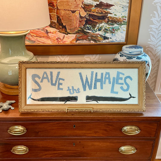 Save The Whales Mixed Media Painting on Ivory Duck Cloth in Ornate Gold Frame