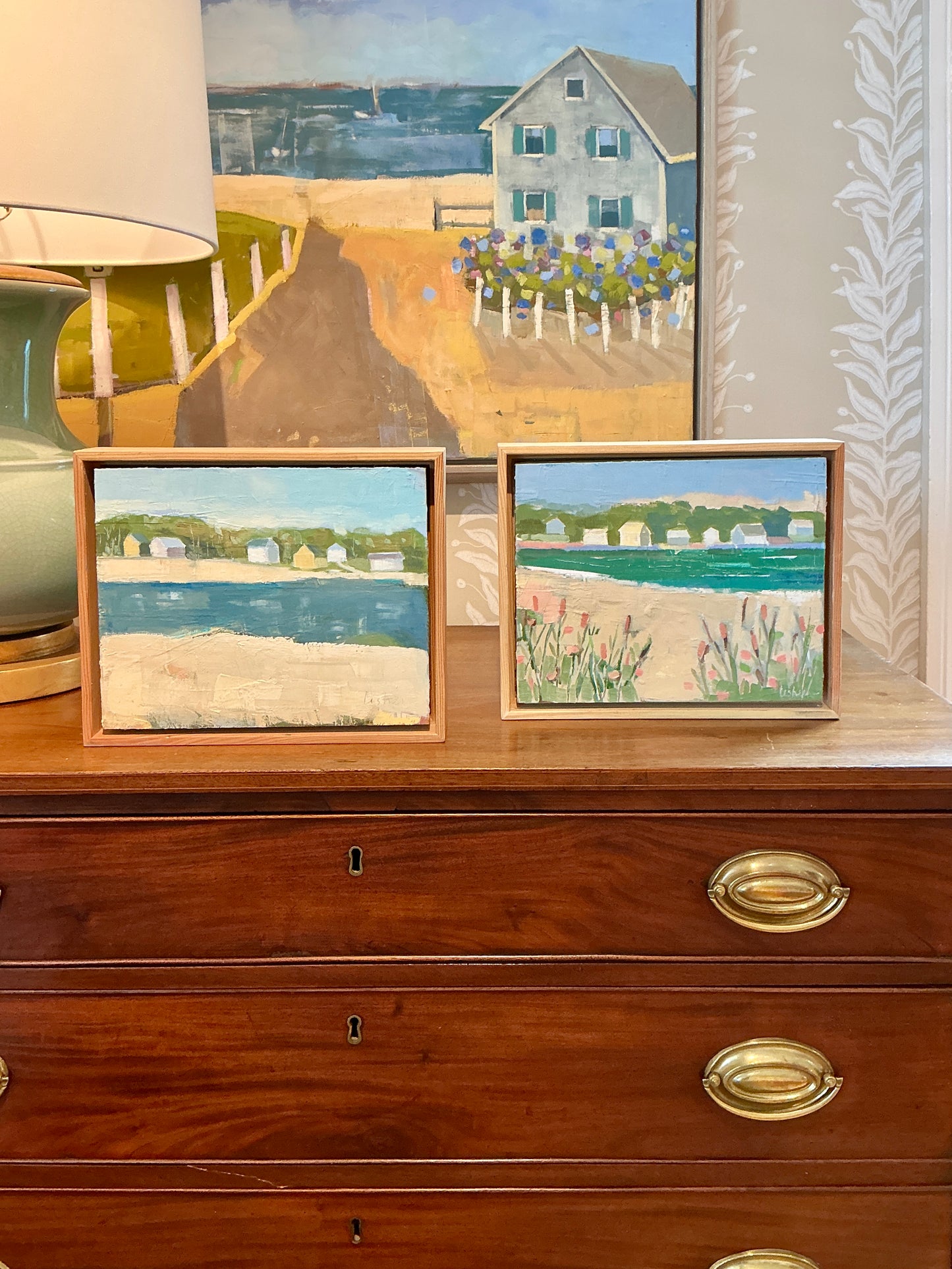 Carol Lesher After Noon Coastal Landscape Oil Painting in Natural Wood Frame
