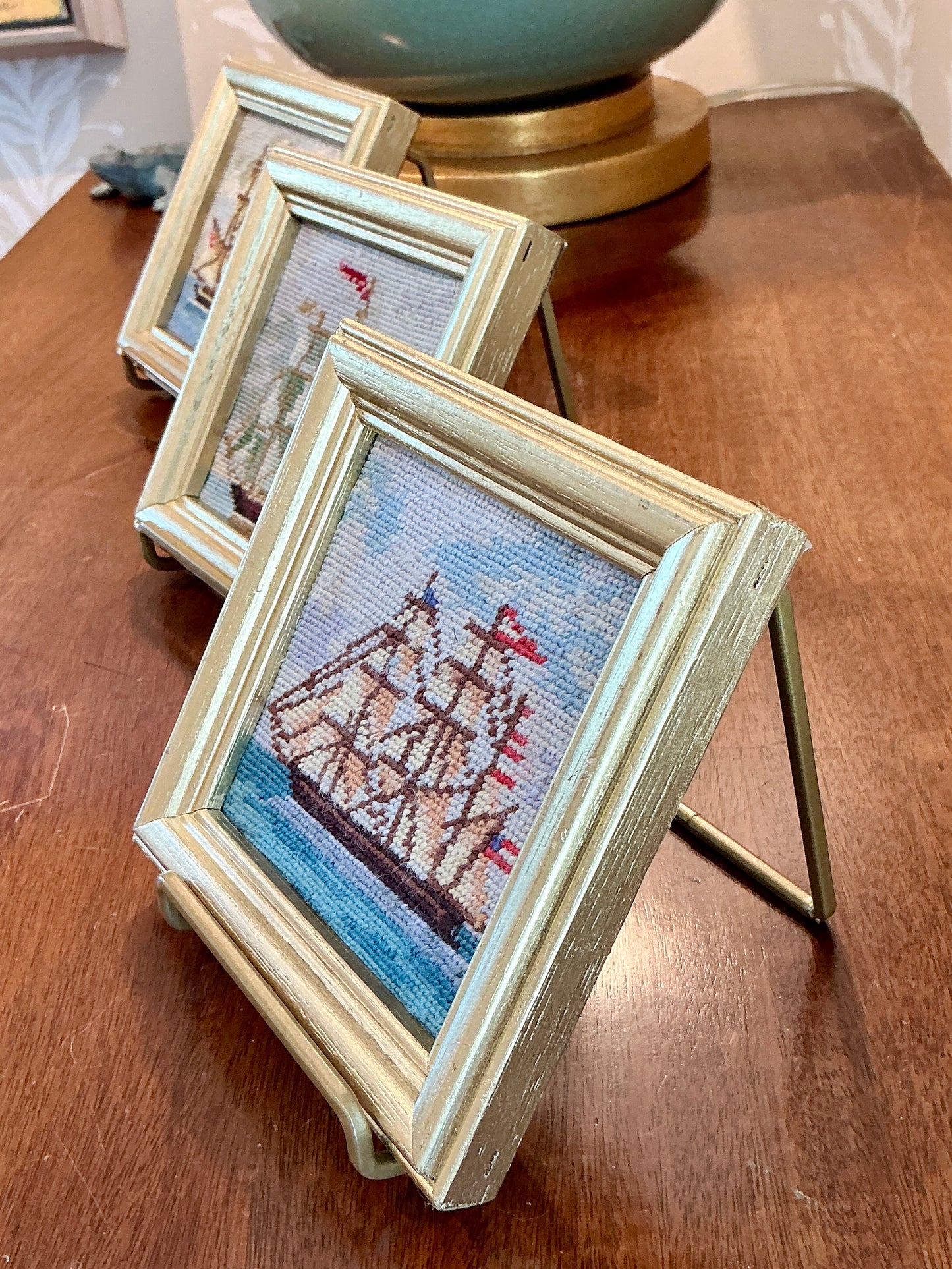 Set of Three Vintage Sailboat Needlepoint Seascapes in Gold Frame