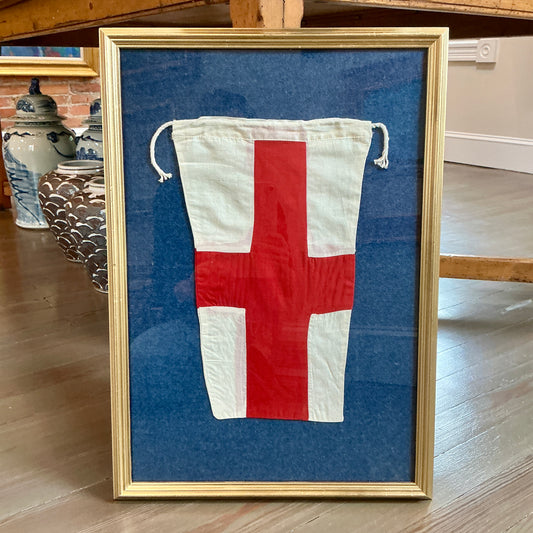 Vintage Canvas Nautical Signal Flag for "8” on Chambray in Gold Frame
