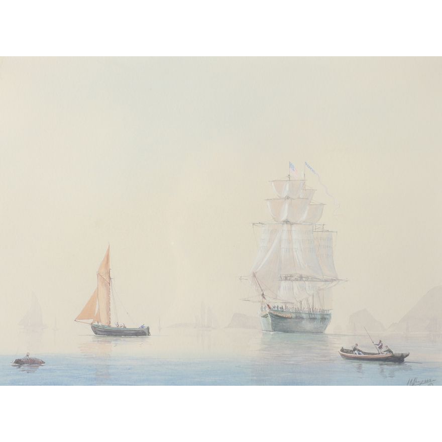 Timothy Thompson Seascape US Merchant Ship on Brittany France Coast Watercolor and Gouache Painting in Gold Frame