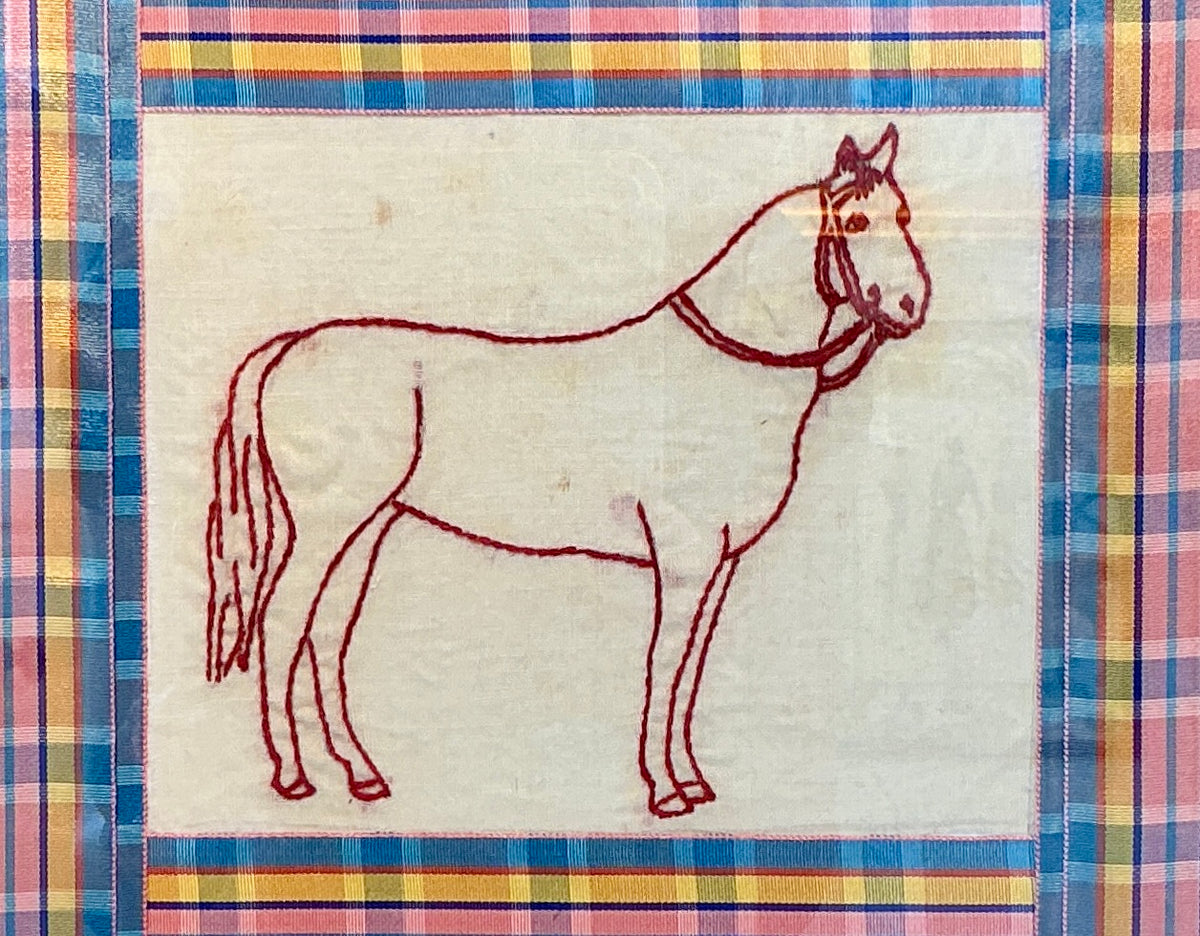 Antique Redwork Horse Embroidery in Plaid Ribbon in Gold Frame