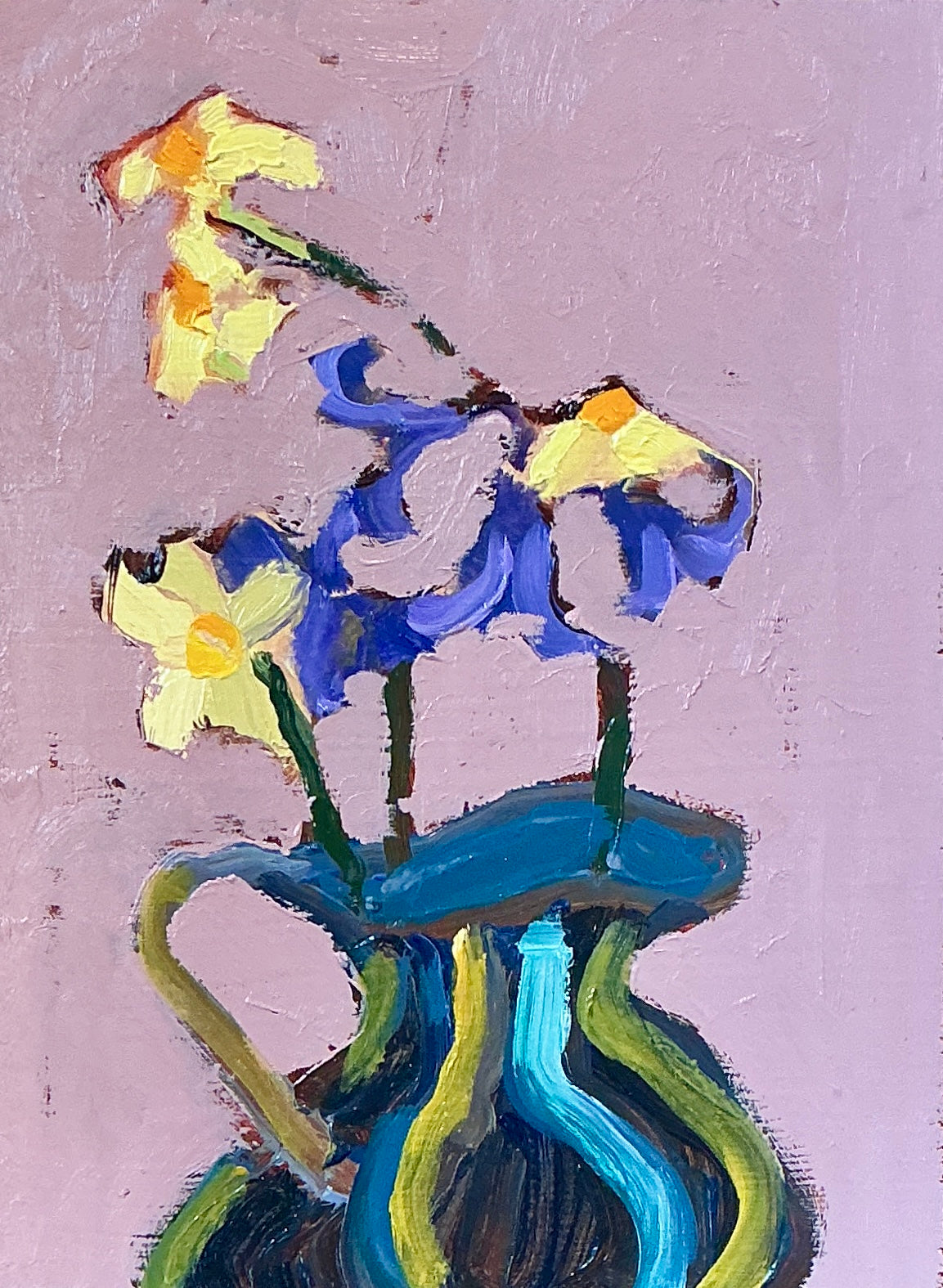 Gretchen McGinnis Creamer With Mini Daffodils And Violets I Still Life Oil Painting in Gold Floater Frame