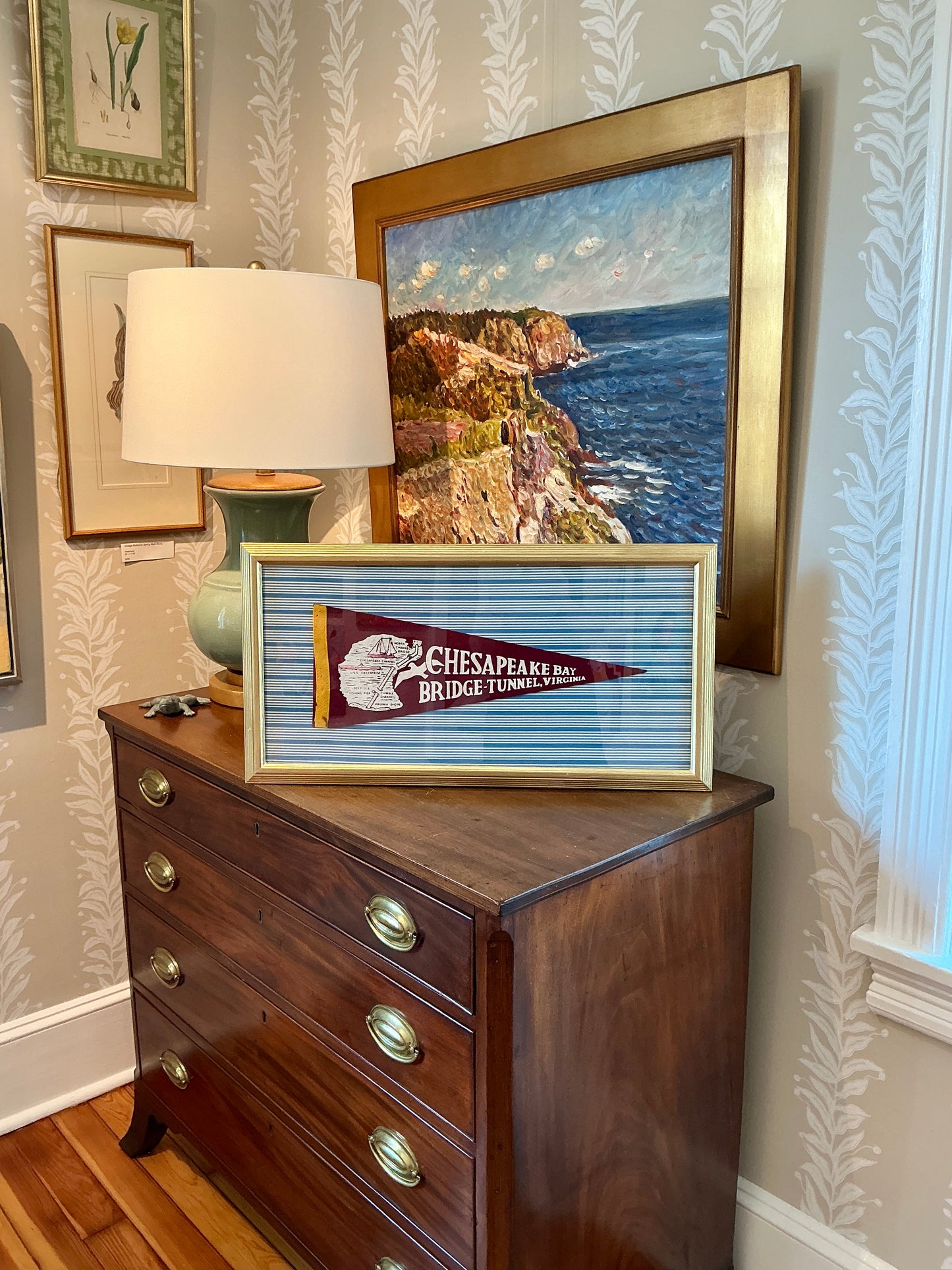 Vintage Chesapeake Bay Bridge Felt Pennant on Blue Stripes in Gold Frame