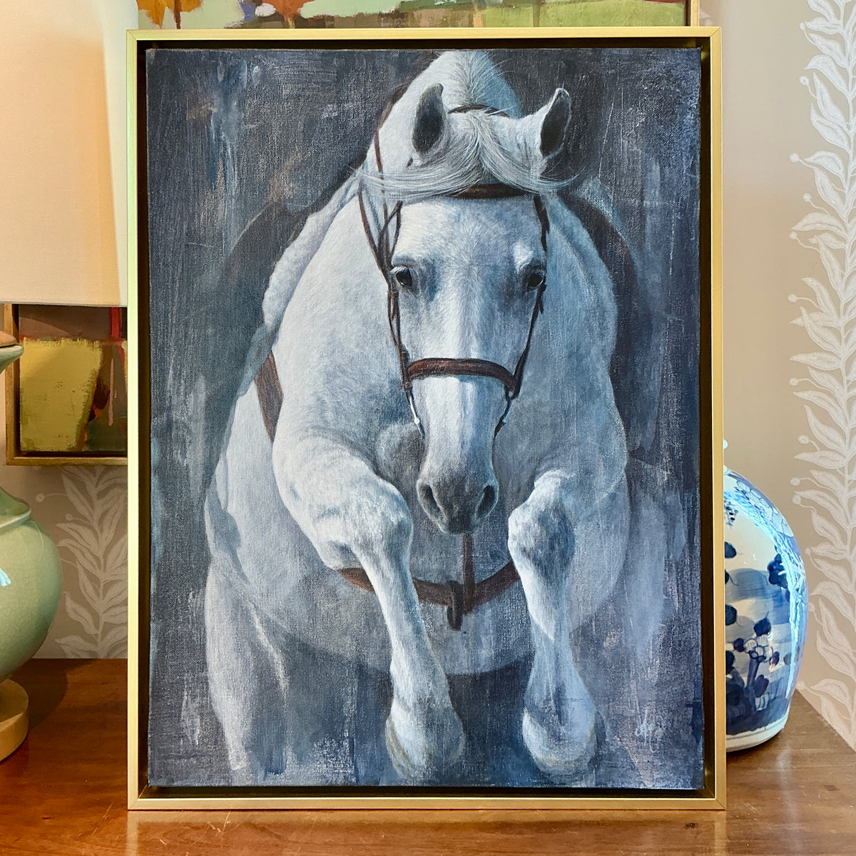 Andrea Hennings Determined Horse Portrait Painting in Gold Floater Frame