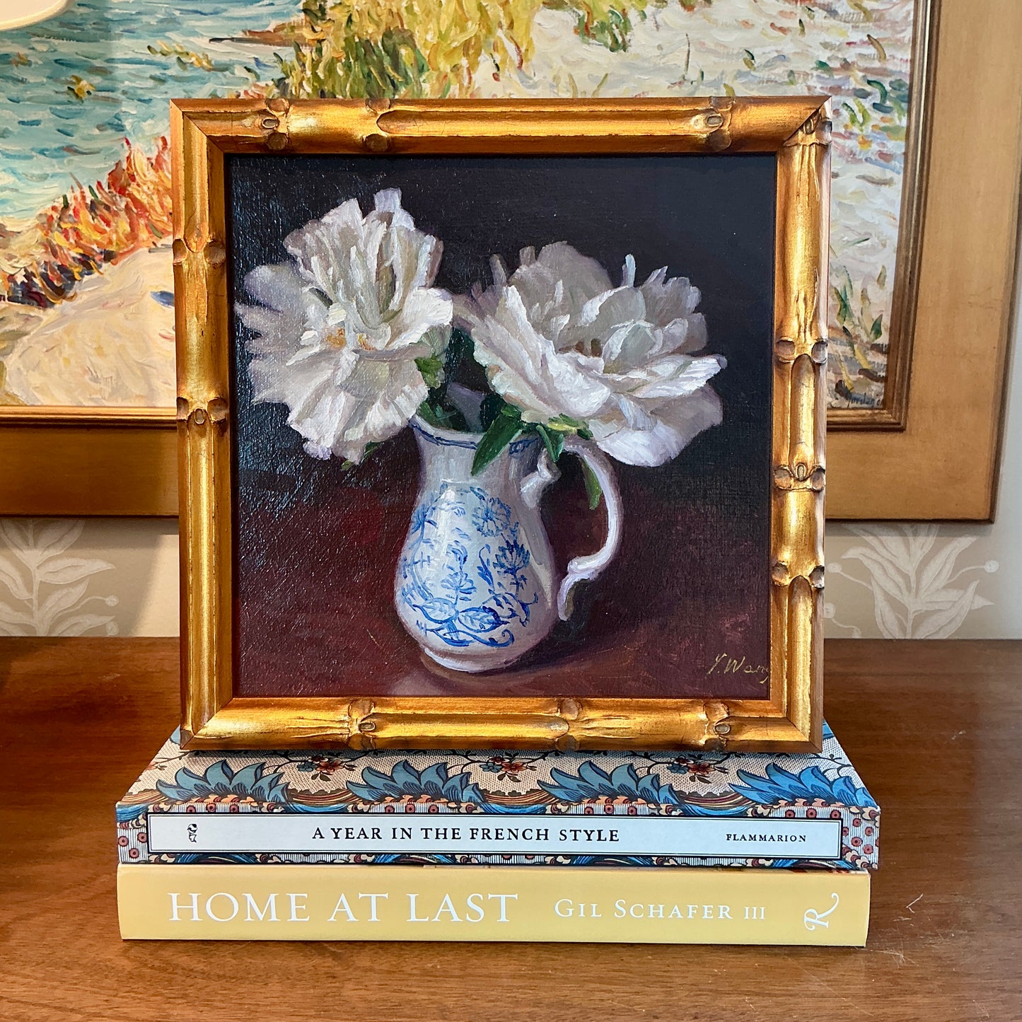 Youqing Wang Peonies in White and Blue Pitcher Floral Still Life Oil Painting in Gold Bamboo Frame