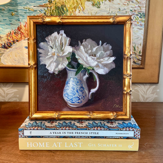 Youqing Wang Peonies in White and Blue Pitcher Floral Still Life Oil Painting in Gold Bamboo Frame