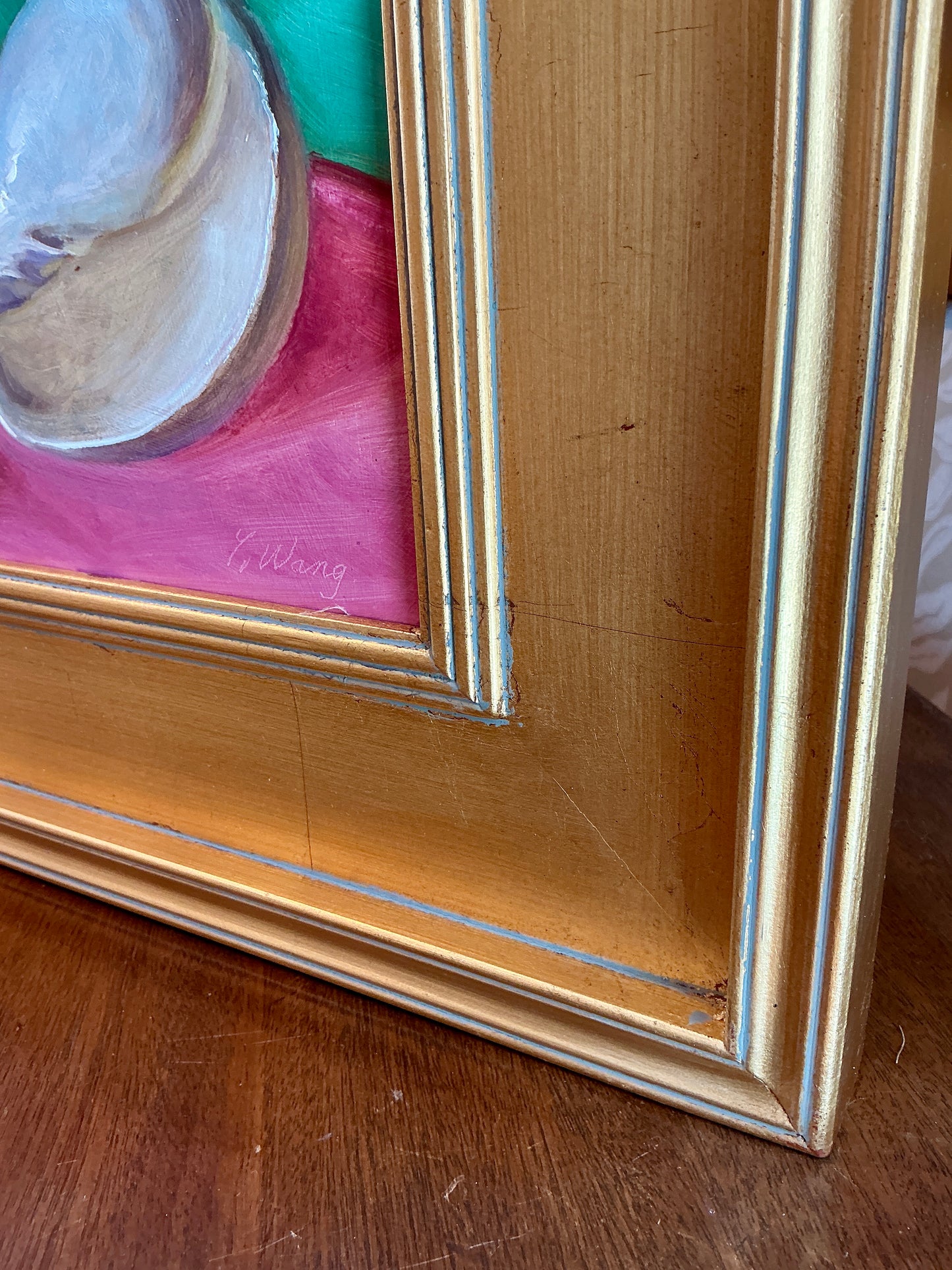 Youqing Wang Seashells On Pink and Teal Still Life Oil Painting in Gold Frame