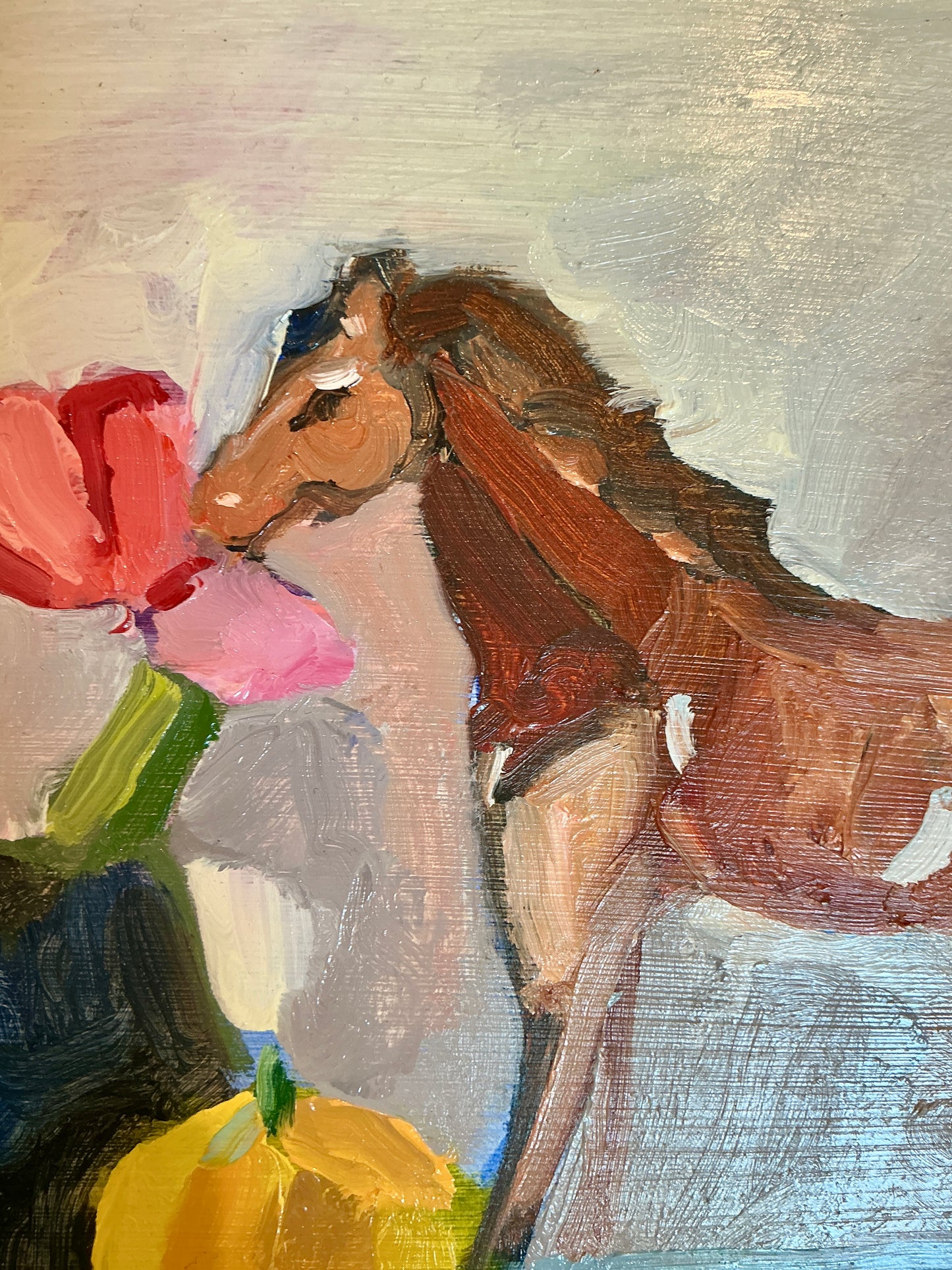 Gretchen McGinnis Little Giddy Up Still Life Oil Painting in Gold Frame