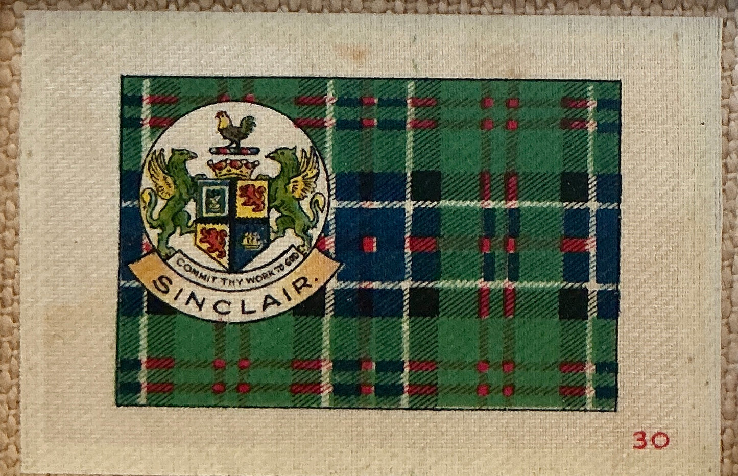 Set of Five Antique Scottish Tartan Tobacco Silks on Neutral Pique in Gold Frame