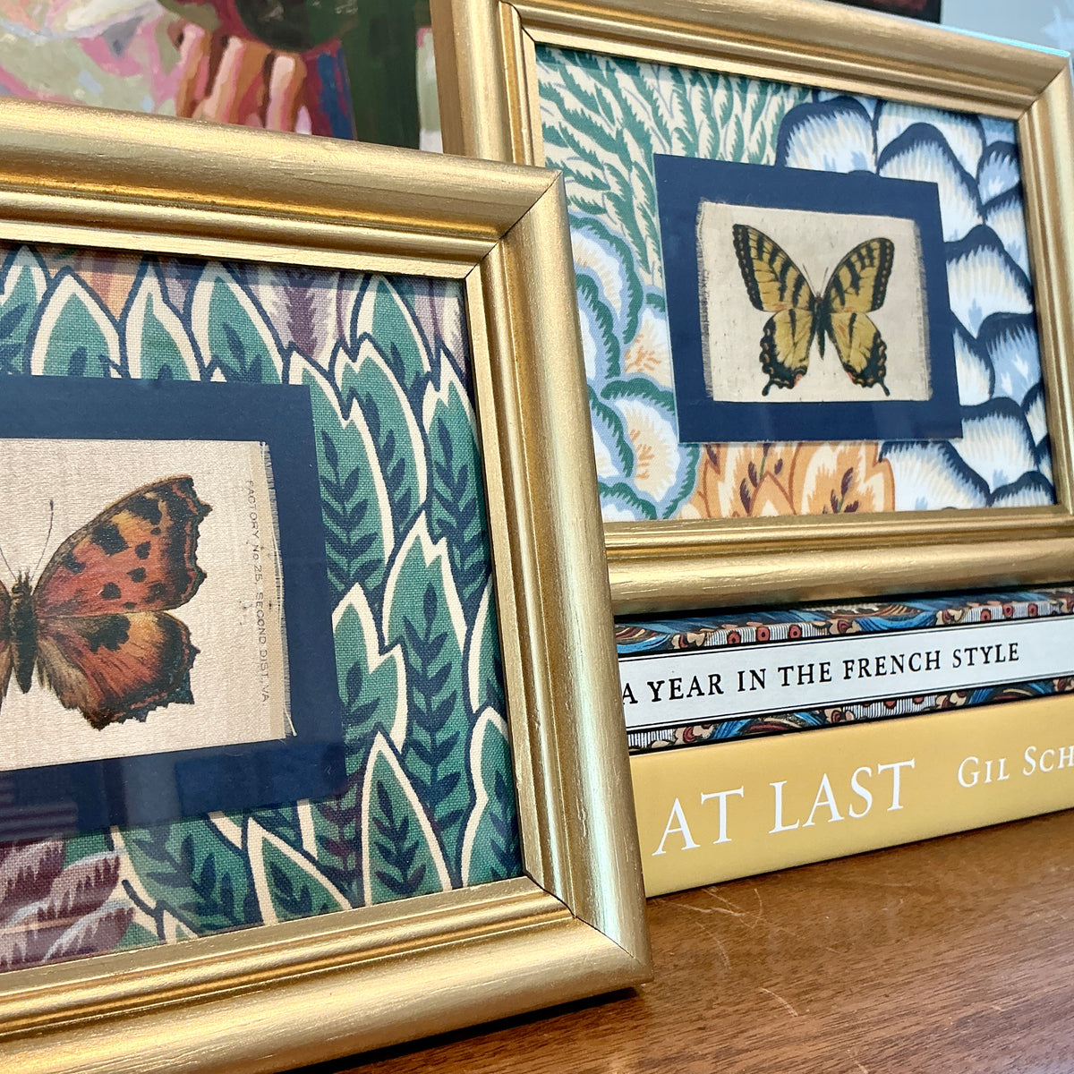 Set of Three Antique Butterfly Silks on Vintage Floral Fabric in Gold Frames
