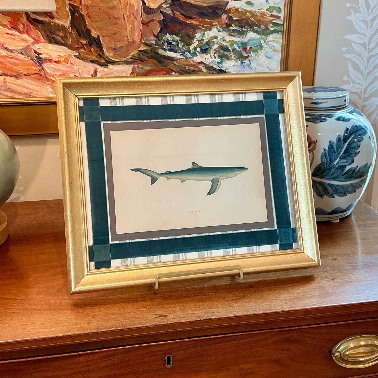 19th Century Hand Colored Blue Shark Lithograph on Miles Reed Schumacher Fabric in Gold Frame