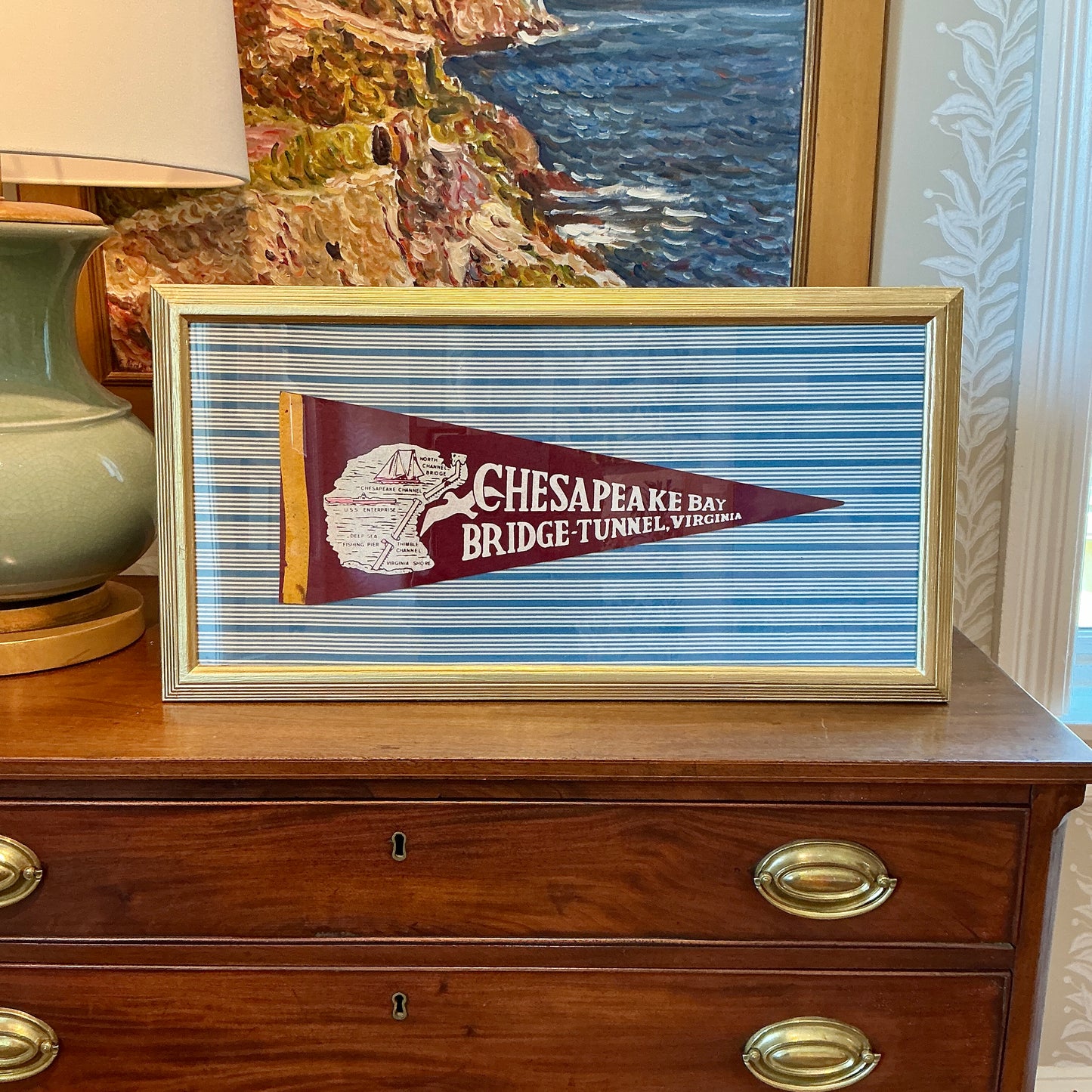Vintage Chesapeake Bay Bridge Felt Pennant on Blue Stripes in Gold Frame