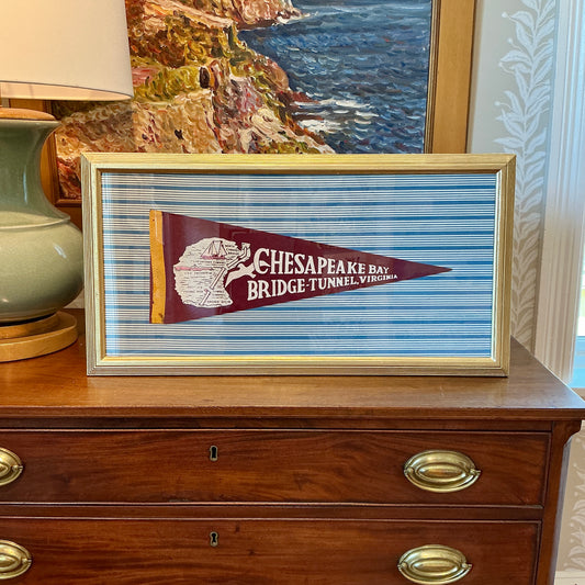 Vintage Chesapeake Bay Bridge Felt Pennant on Blue Stripes in Gold Frame
