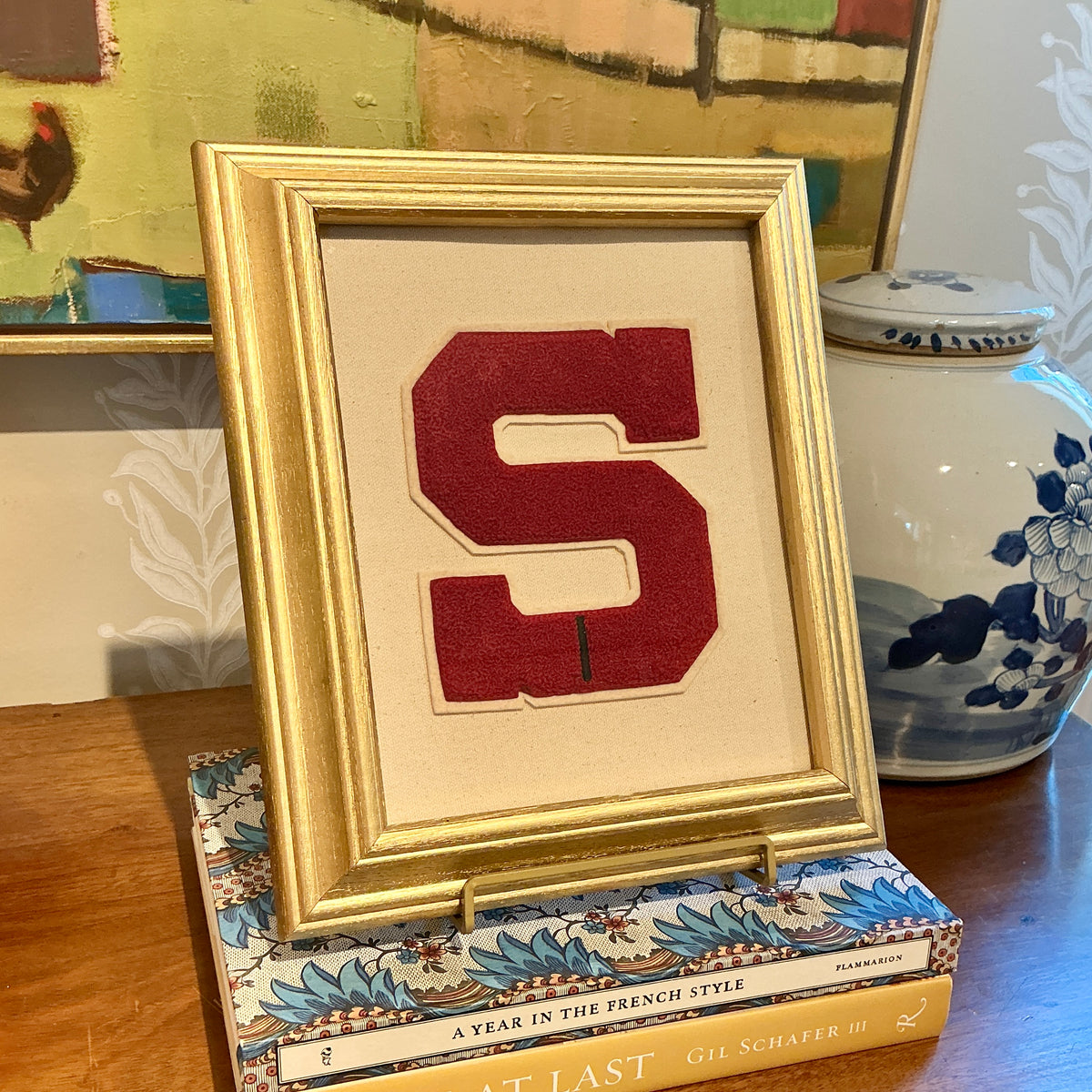Vintage Varsity Letter Initial "S" on Ivory Duck Cloth in Gold Frame