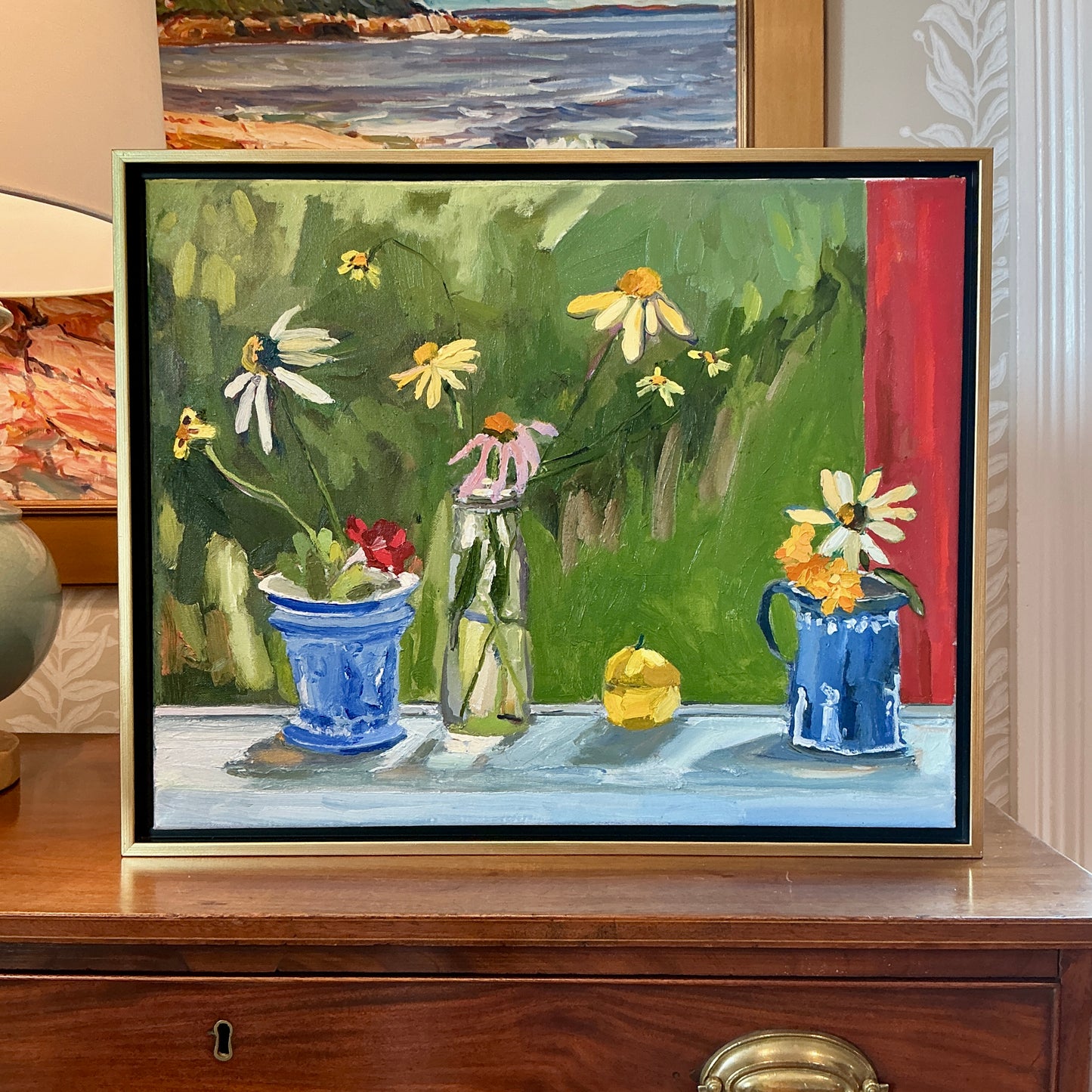 Gretchen McGinnis On The Window Sill Oil Painting in Gold Floater Frame
