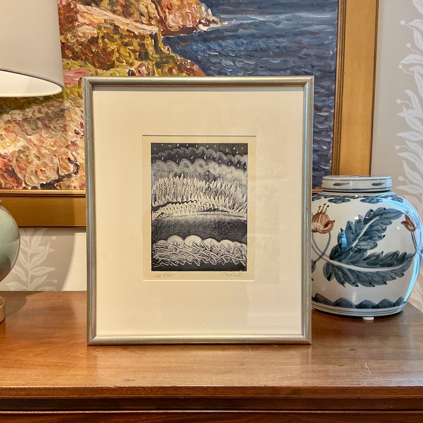 Tony Rosati Ice Flow Landscape Monotype in Silver Frame