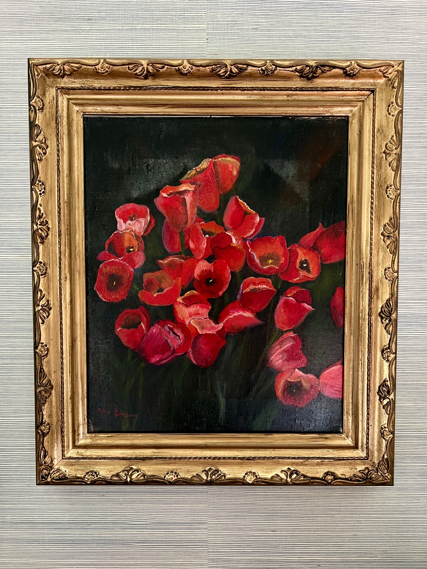 Anne Johnson Red Poppies Still Life Painting in Gold Frame