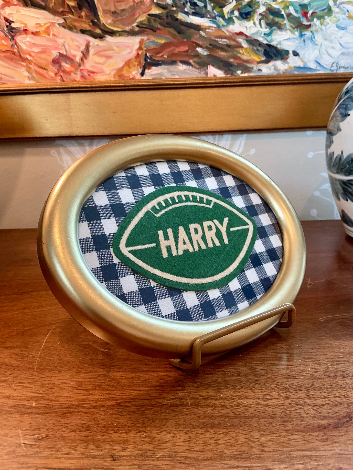 Vintage Varsity Jacket "Harry" Football Name Patch on Navy Gingham in Oval Gold Frame