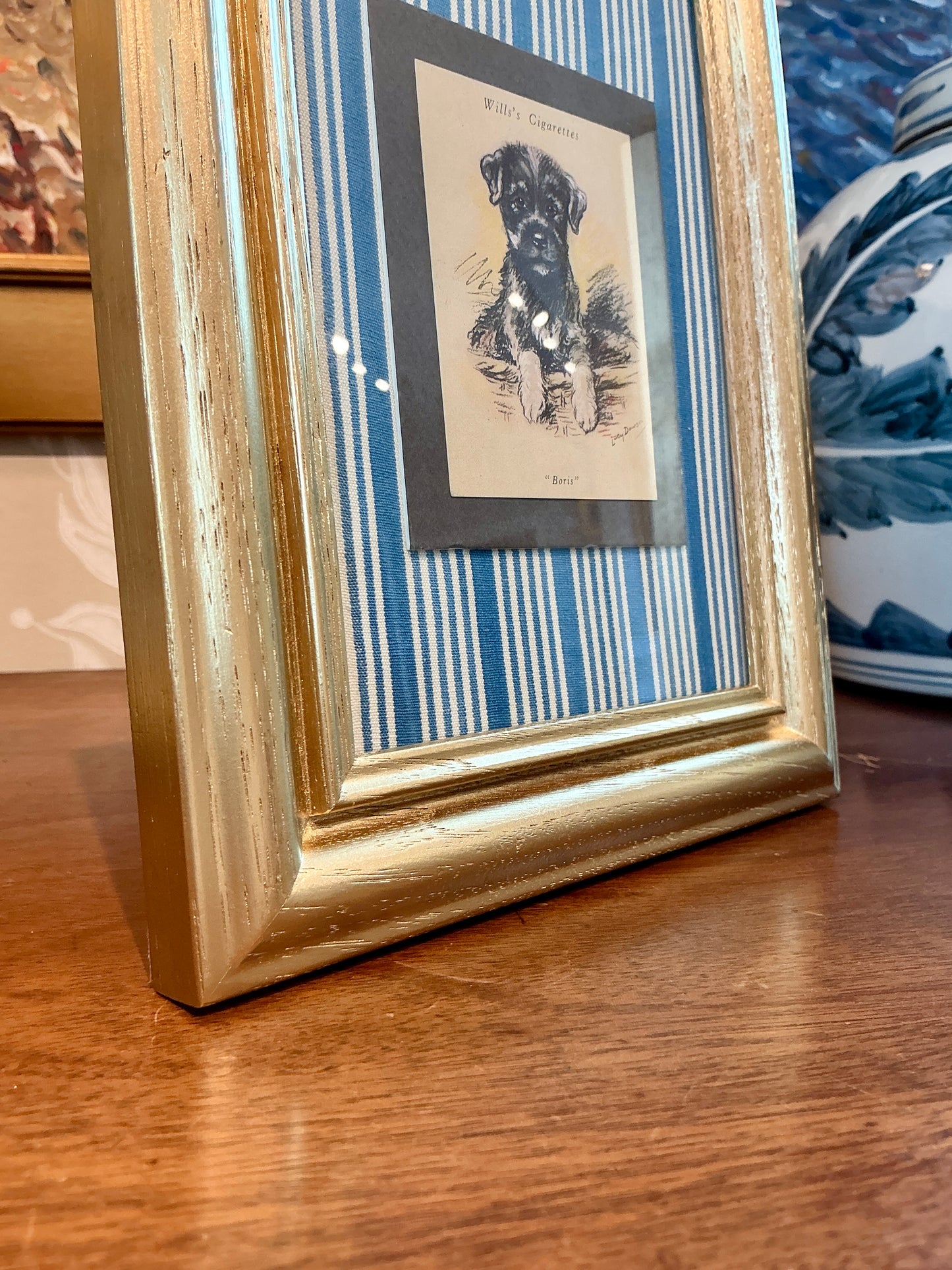 Set of 3 1930s Tobacco Cards With Dogs on Blue Ticking Stripes in Gold Frames