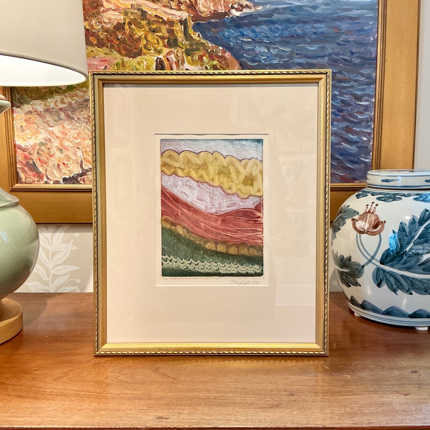 Tony Rosati Landscape Monotype in Gold Frame