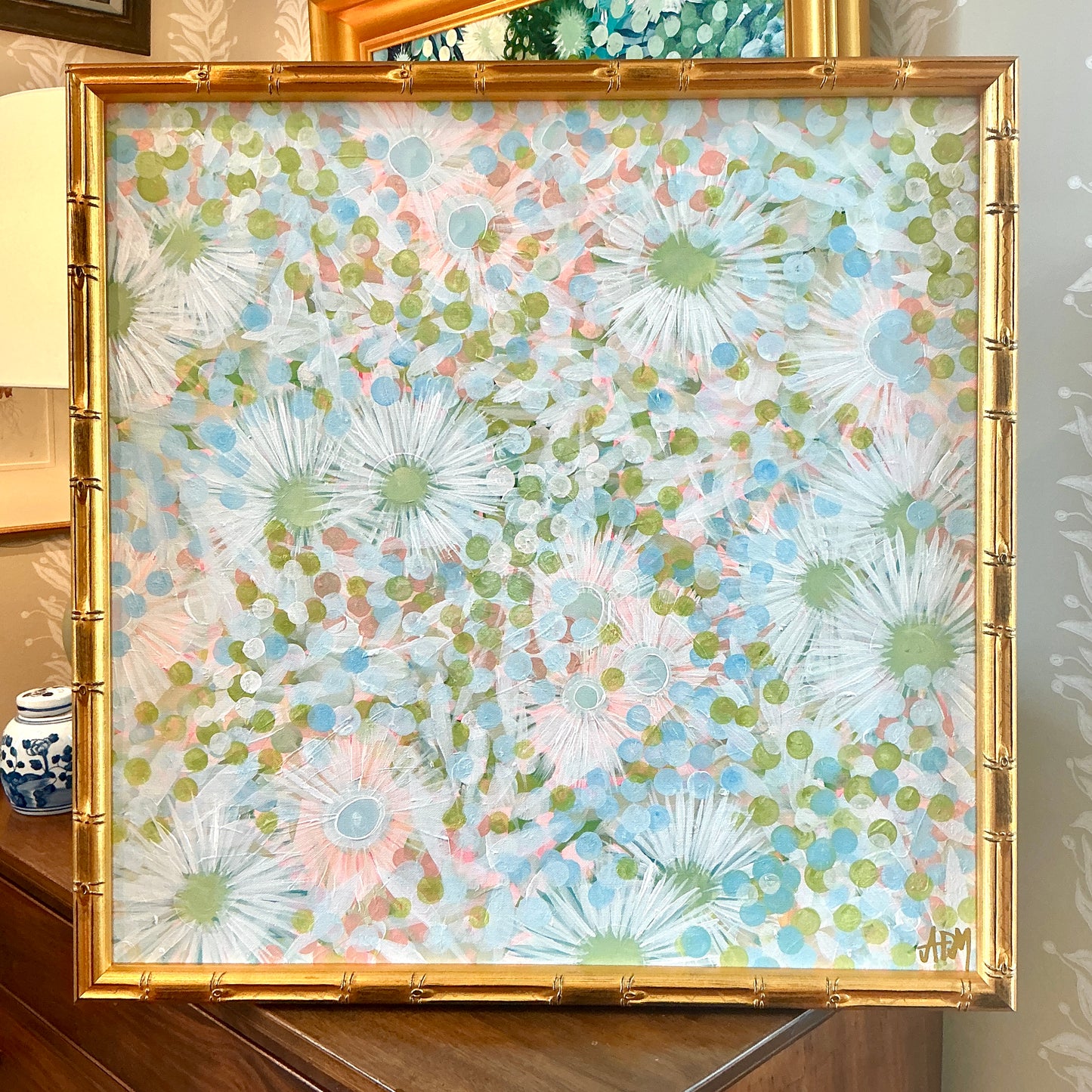 Alison Diamond McElroy Spritz Season Abstract Floral Painting in Gold Bamboo Frame