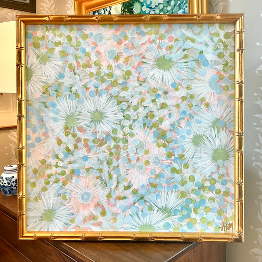 Alison Diamond McElroy Spritz Season Abstract Floral Painting in Gold Bamboo Frame