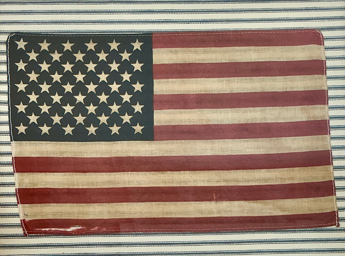 Vintage 50 Star American Flag on Blue and White Stripes in Pine Frame