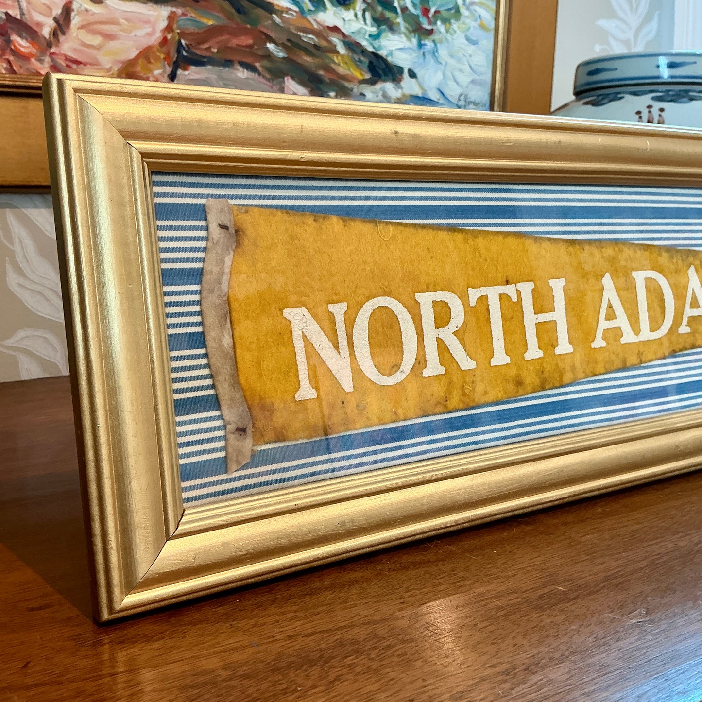 Vintage North Adams, Massachusetts Pennant on Blue Stripes in Gold Frame