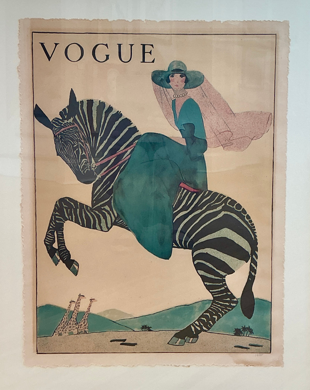 Manner of André Édouard Marty Vogue Magazine Lady on a Zebra Art Deco Portrait Watercolor Painting in Black and Gilded Frame