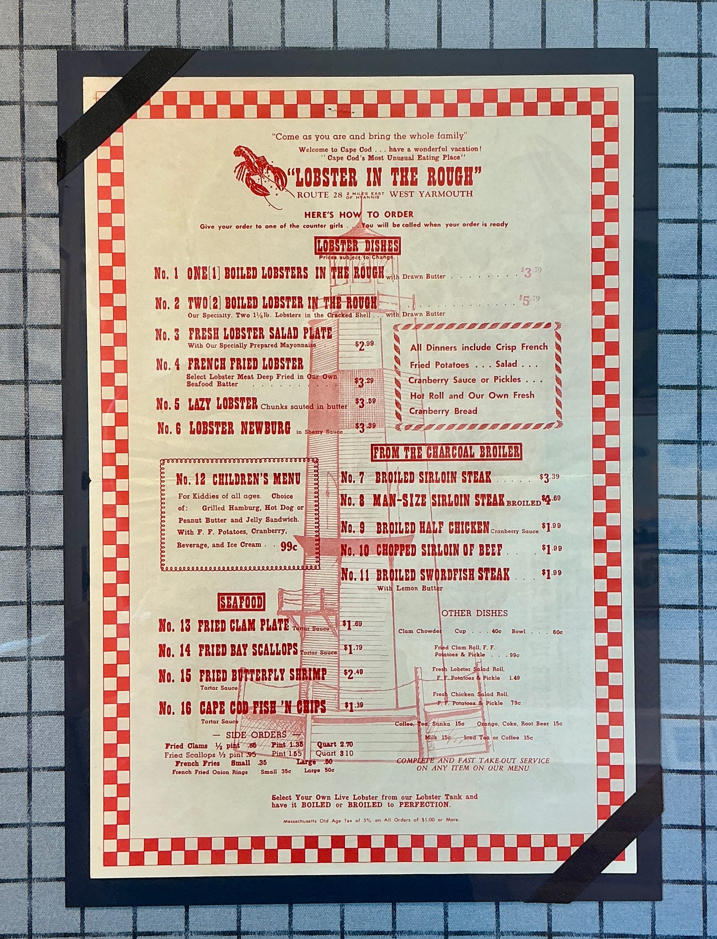 Vintage Cape Cod Seafood Menu on Blue Windowpane in Gold Frame