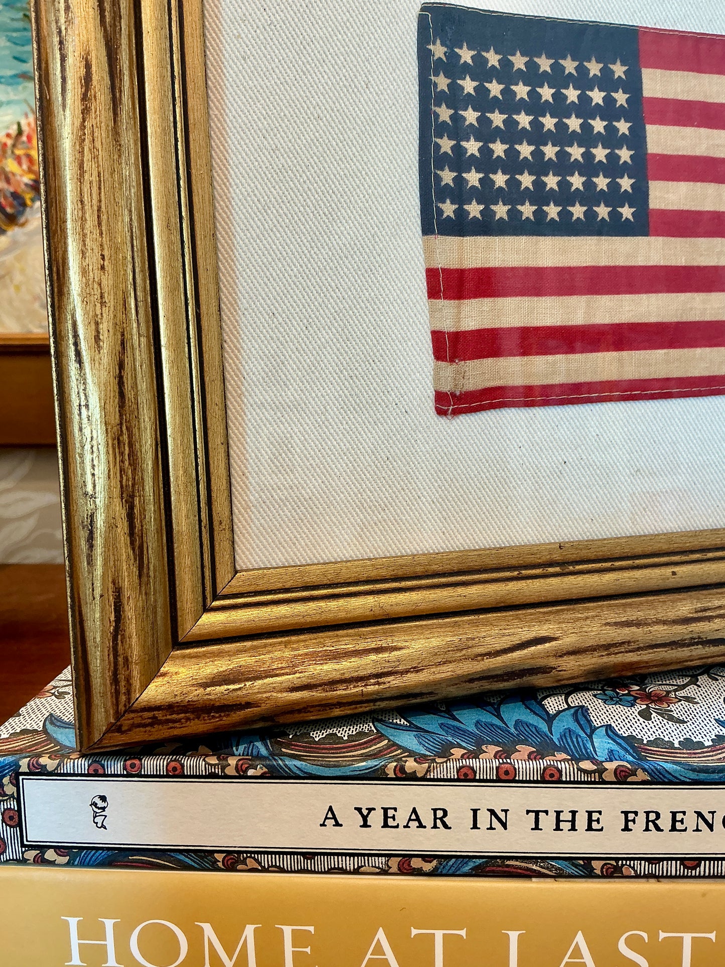 Vintage 48 Star American Flag on Ivory Sail Cloth in Antique Wavy Gold Frame