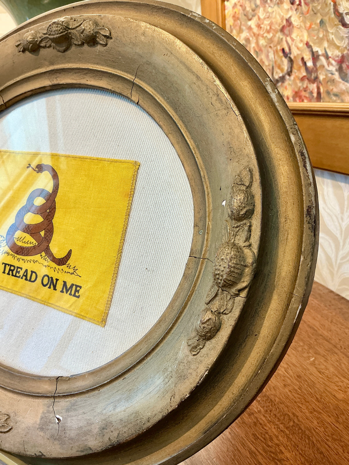 Vintage Gadsden Flag on Ivory Duck Cloth in Oval Dark Gold Frame
