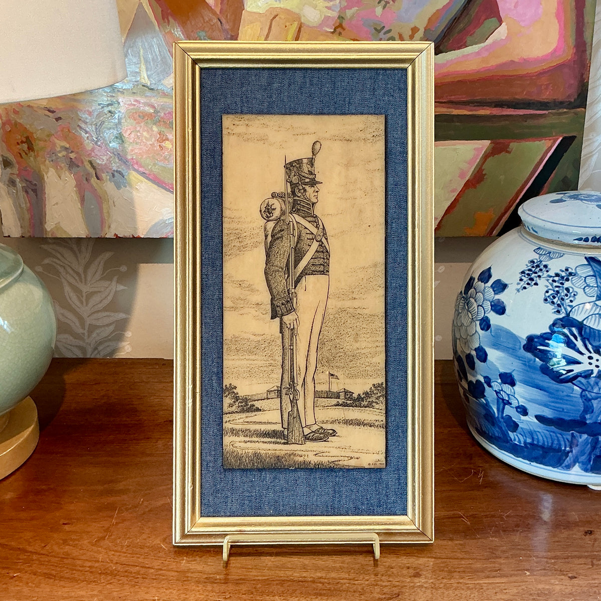 1966 Infantry Solider Resin Scrimshaw on Chambray in Gold Frame