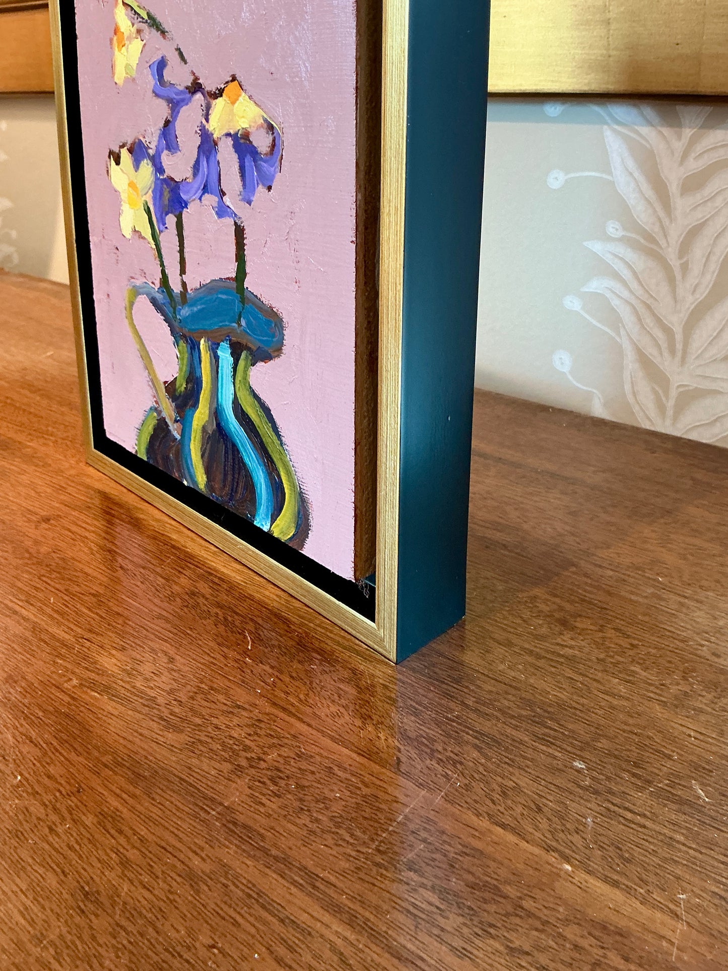Gretchen McGinnis Creamer With Mini Daffodils And Violets I Still Life Oil Painting in Gold Floater Frame