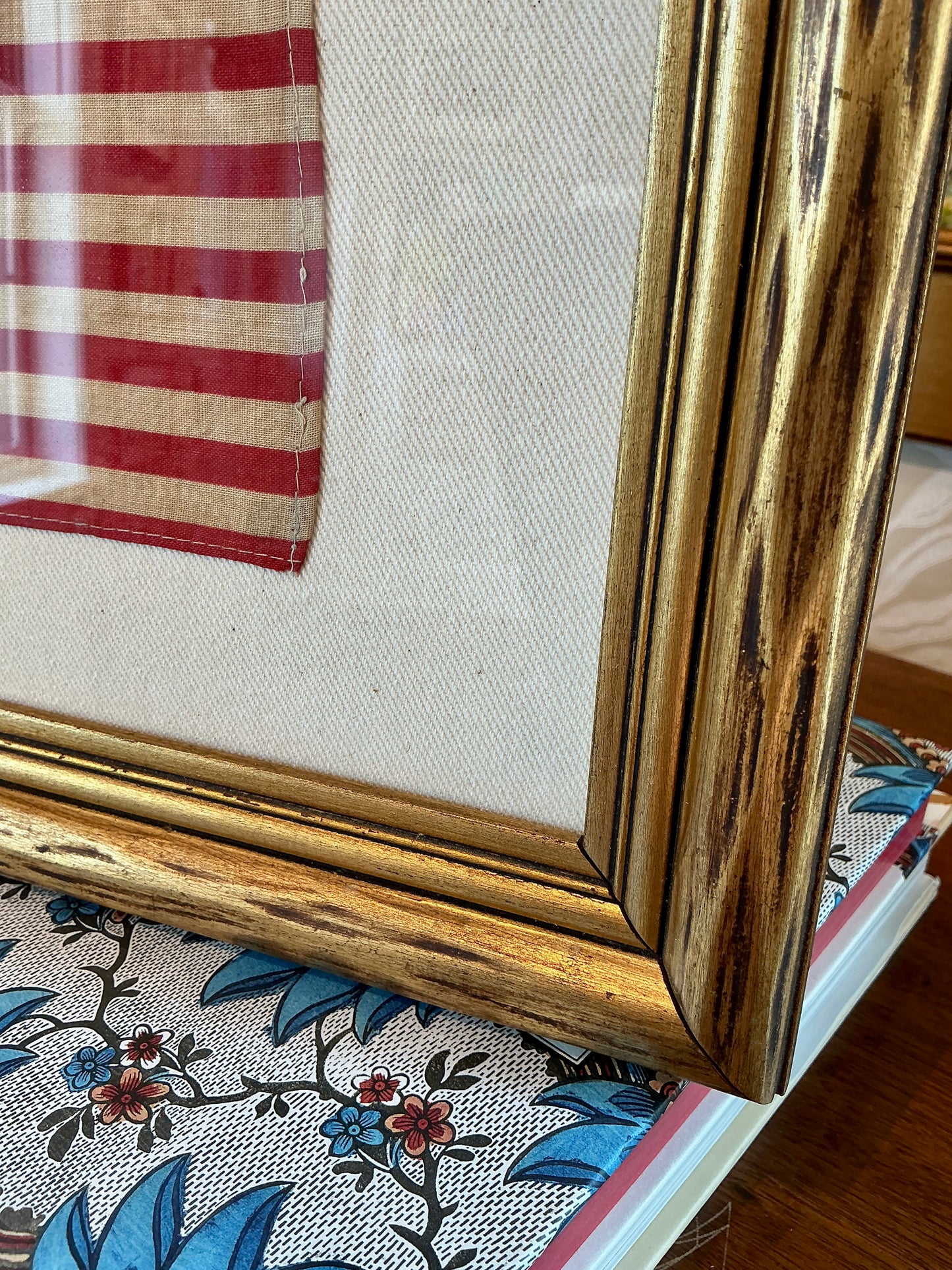 Vintage 48 Star American Flag on Ivory Sail Cloth in Antique Wavy Gold Frame