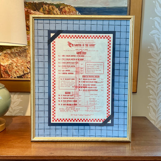 Vintage Cape Cod Seafood Menu on Blue Windowpane in Gold Frame