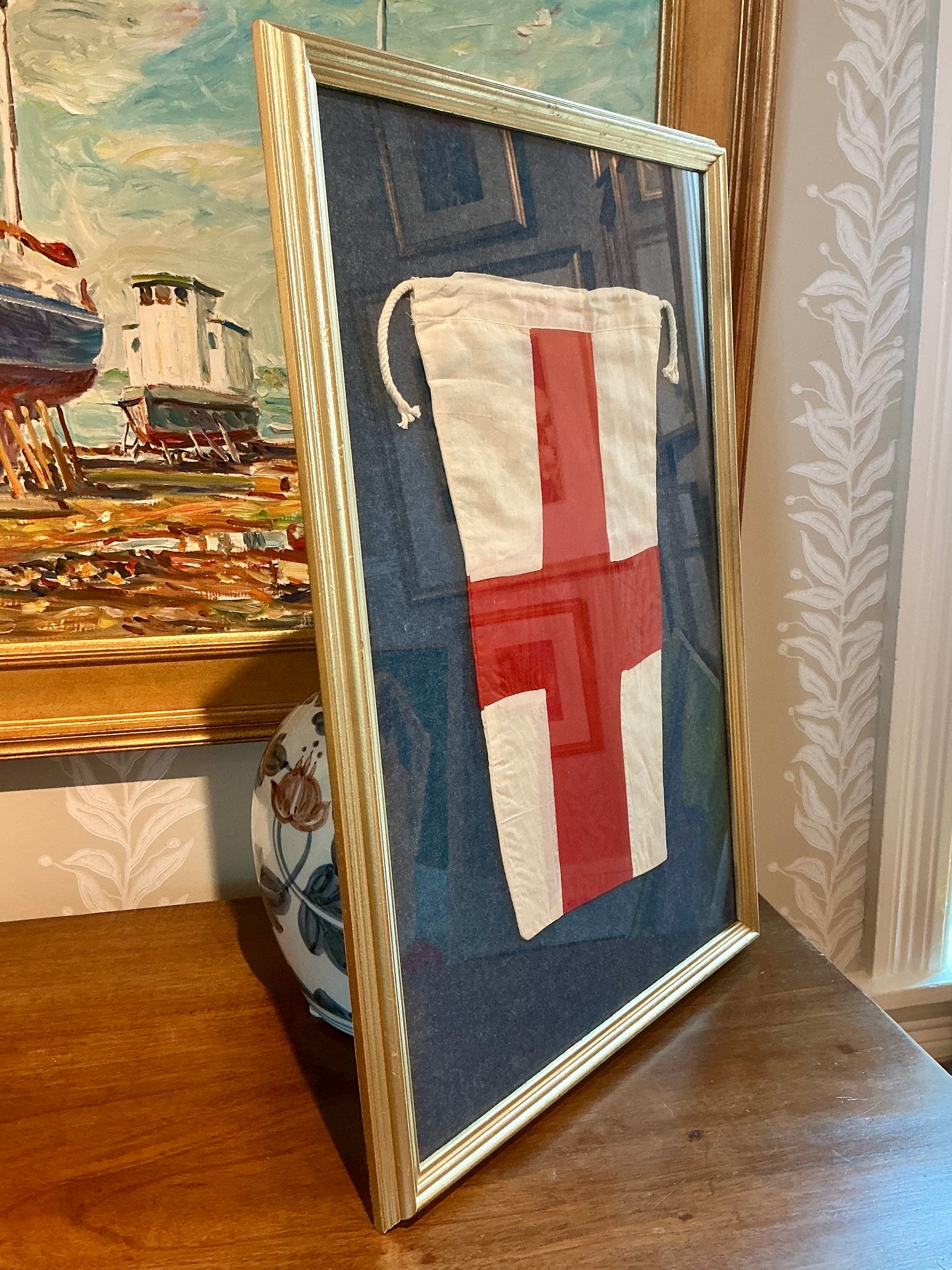 Vintage Canvas Nautical Signal Flag for "8” on Chambray in Gold Frame