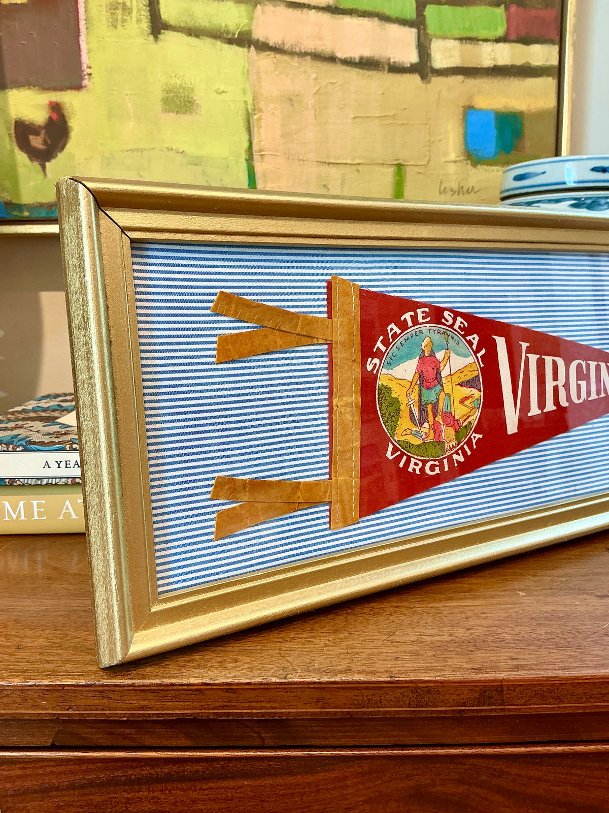 Vintage Virginia Pennant on Blue Ticking Stripes in Gold Frame