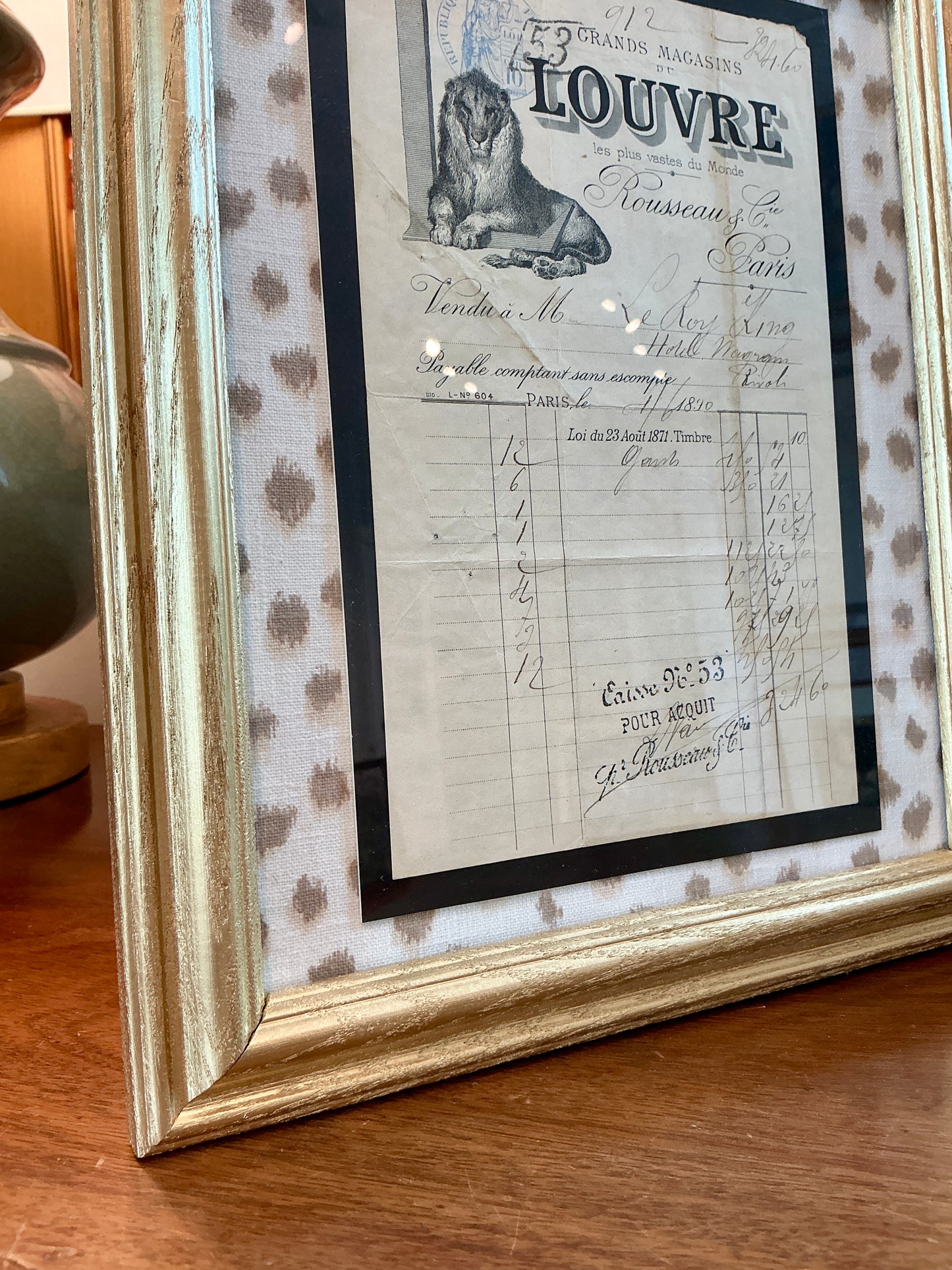 Late 19th Century Parisian Receipt on Tan and White Spotted Fabric in Gold Frame