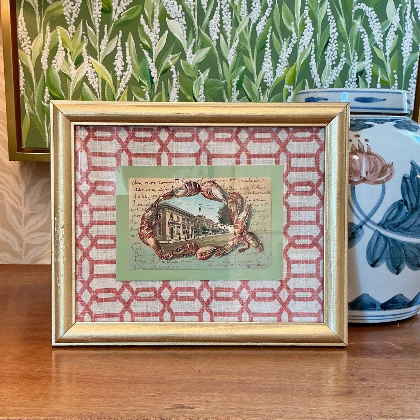 Vintage Atlantic City Postcard on Rose and Cream Twill in Gold Frame